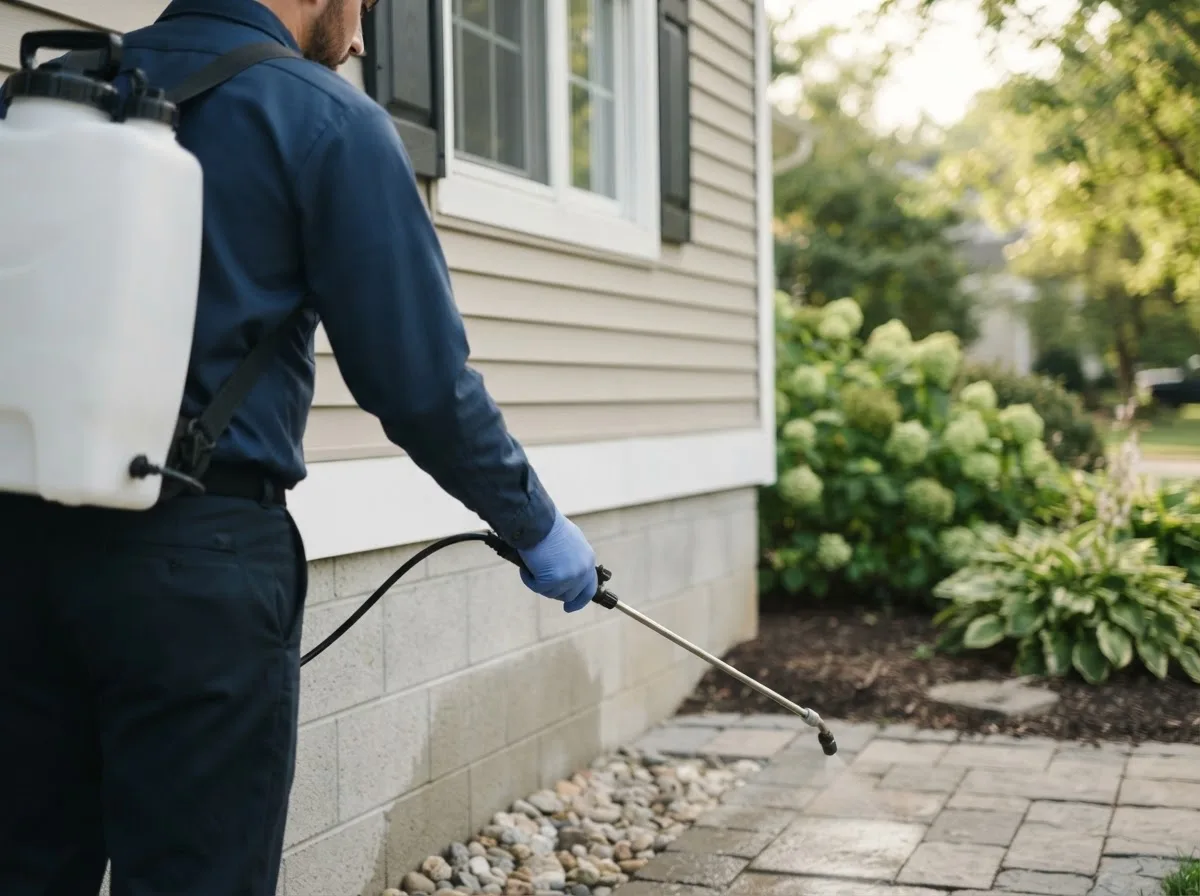 Pest control technician inspecting a home in Desdemona, TX